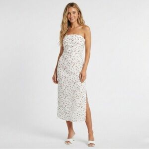 WAYF Birdie Ruched Strapless Midi Dress Medium NWOT White Floral Party Bridal